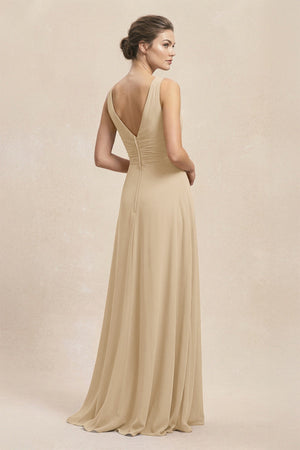 V-Neck Ruffled Ruched Chiffon A-Line Bridesmaid Dress in Champagne (2) | KISSBRIDAL