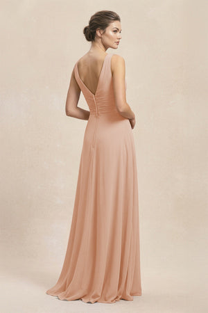 V - Neck Ruffled Ruched Chiffon A - Line Bridesmaid Dress in Champagne Rose - KISS BRIDAL Bridesmaid Dresses