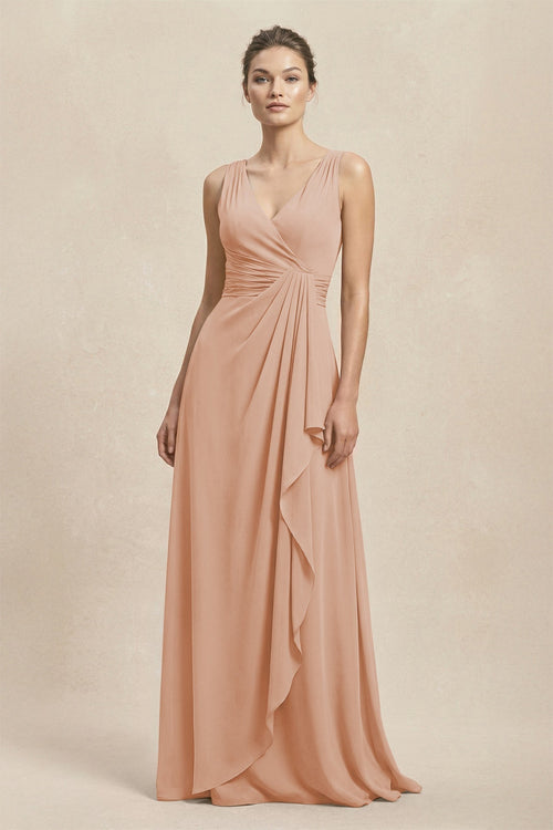 V - Neck Ruffled Ruched Chiffon A - Line Bridesmaid Dress in Champagne Rose - KISS BRIDAL Bridesmaid Dresses