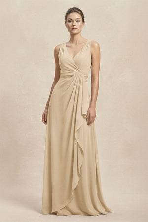 V-Neck Ruffled Ruched Chiffon A-Line Bridesmaid Dress in Champagne | KISSBRIDAL