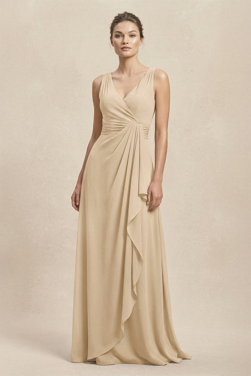 V-Neck Ruffled Ruched Chiffon A-Line Bridesmaid Dress in Champagne | KISSBRIDAL