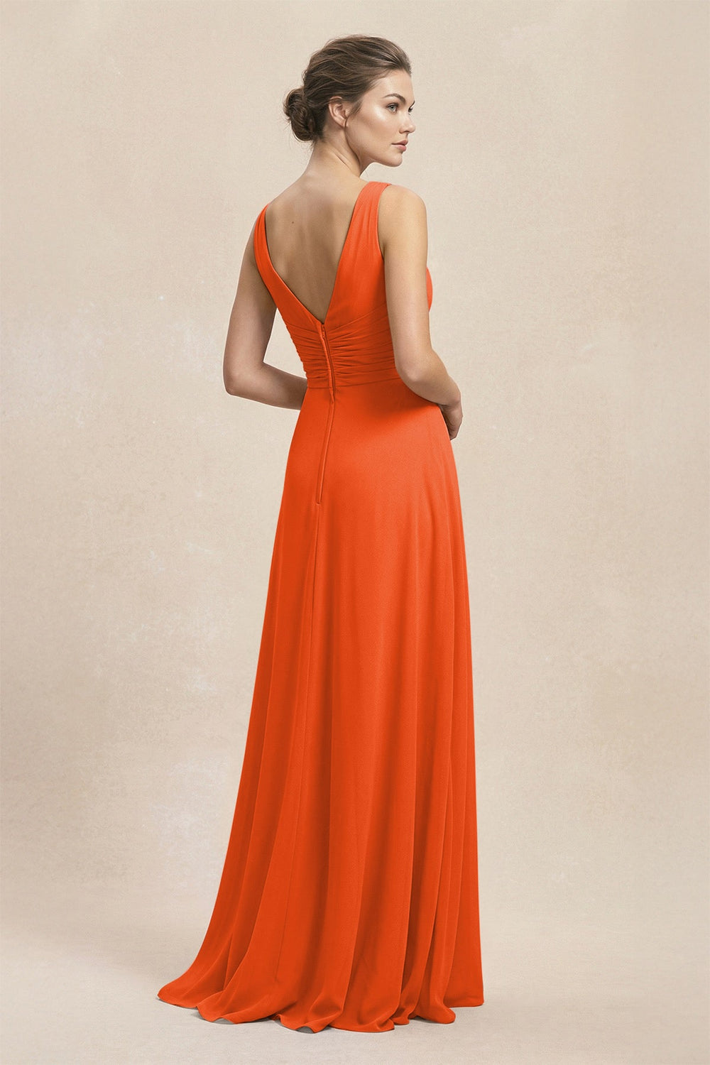 V-Neck Ruffled Ruched Chiffon A-Line Bridesmaid Dress in Cinnamon