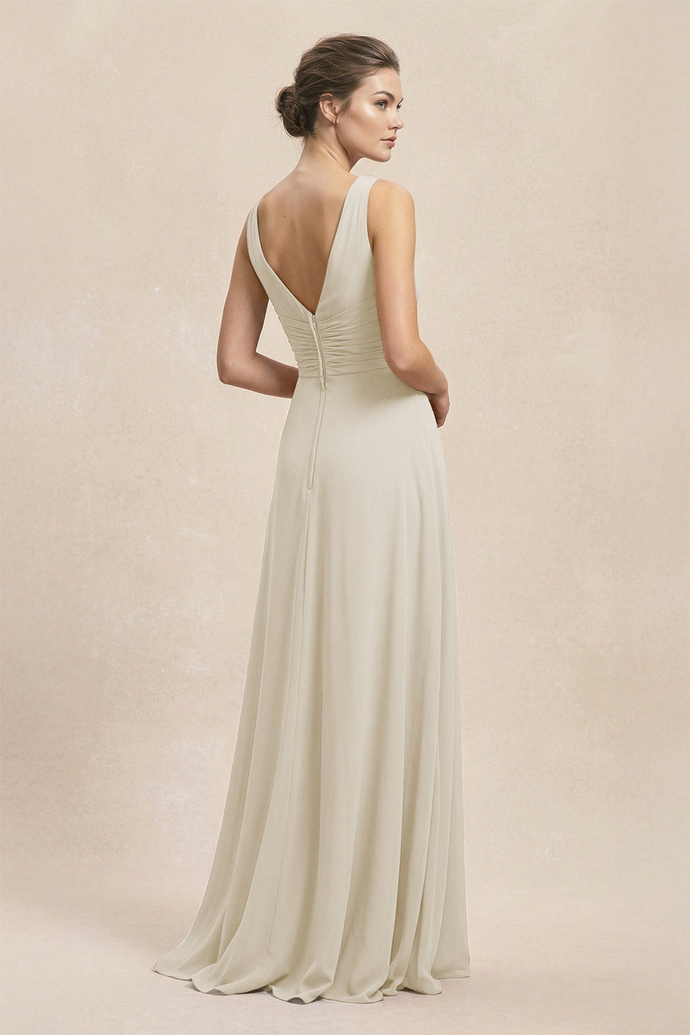 V-Neck Ruffled Ruched Chiffon A-Line Bridesmaid Dress in Dove Gray