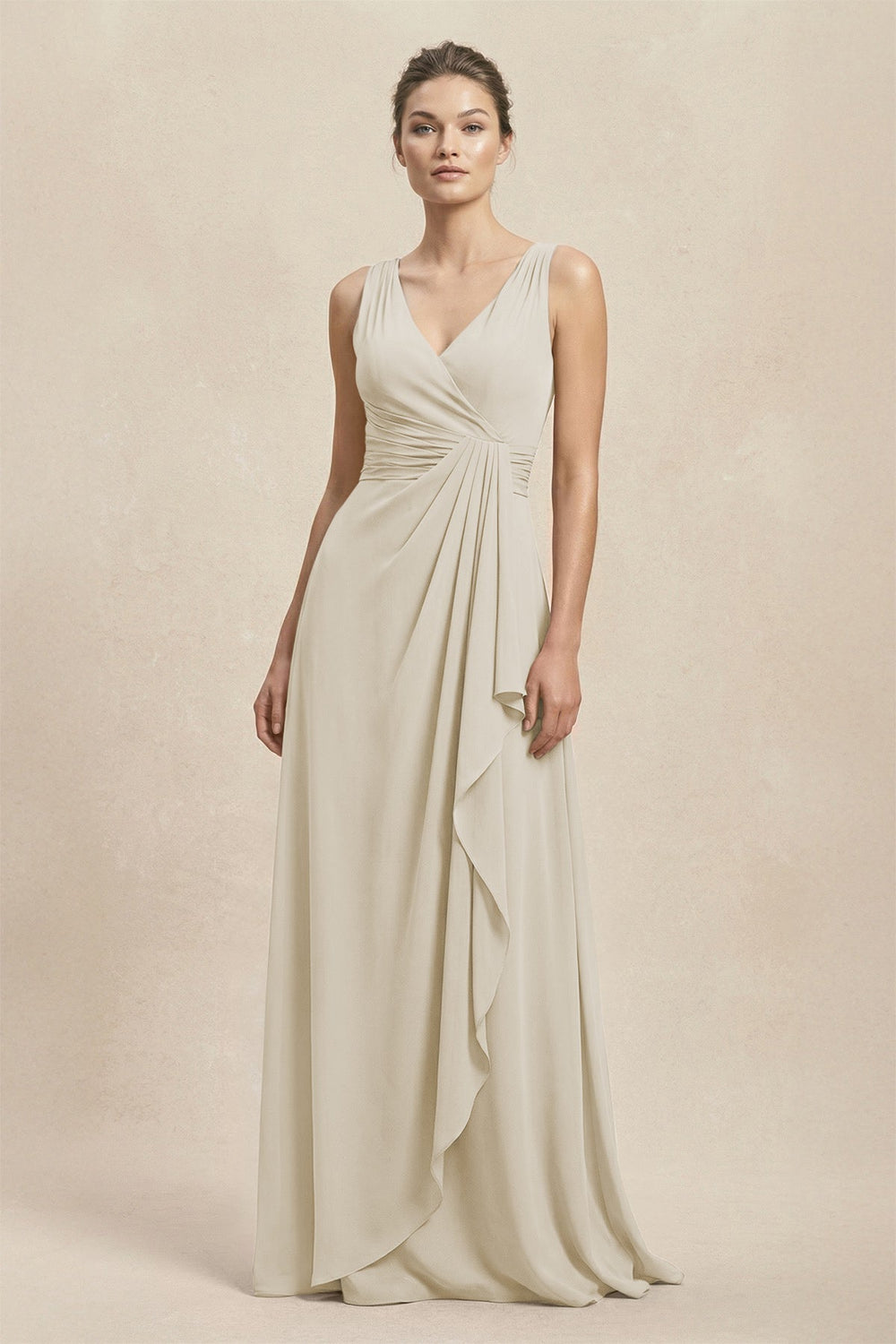 V-Neck Ruffled Ruched Chiffon A-Line Bridesmaid Dress in Dove Gray