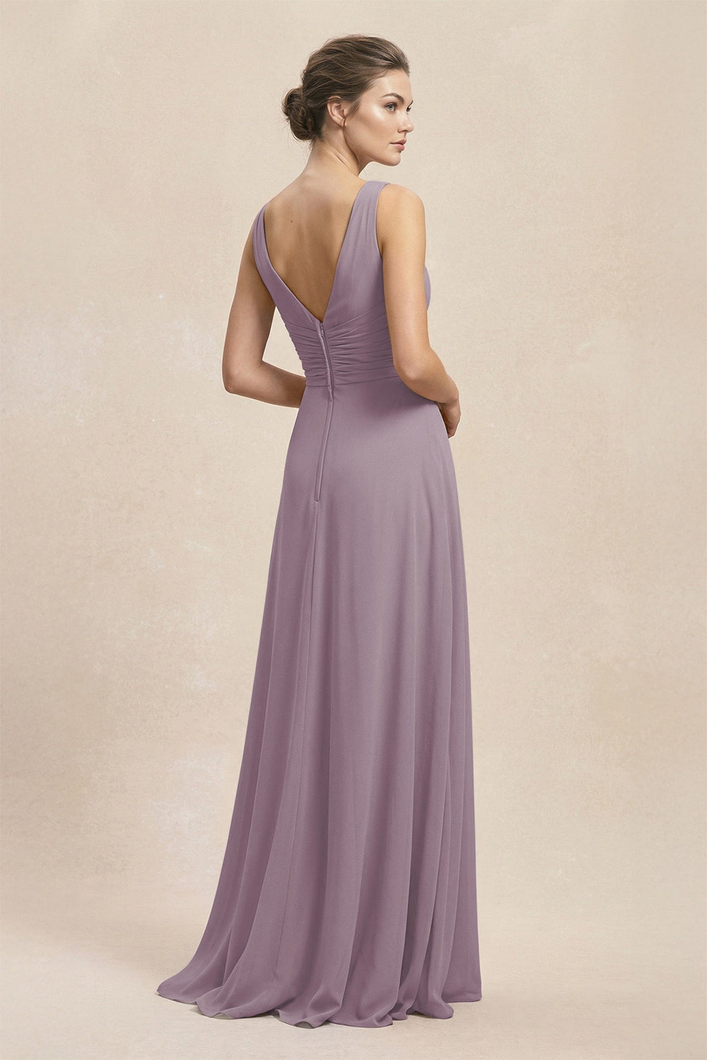 V-Neck Ruffled Ruched Chiffon A-Line Bridesmaid Dress in Dusk