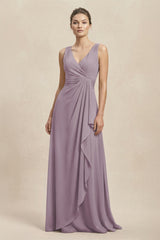 V-Neck Ruffled Ruched Chiffon A-Line Bridesmaid Dress in Dusk | KISSBRIDAL