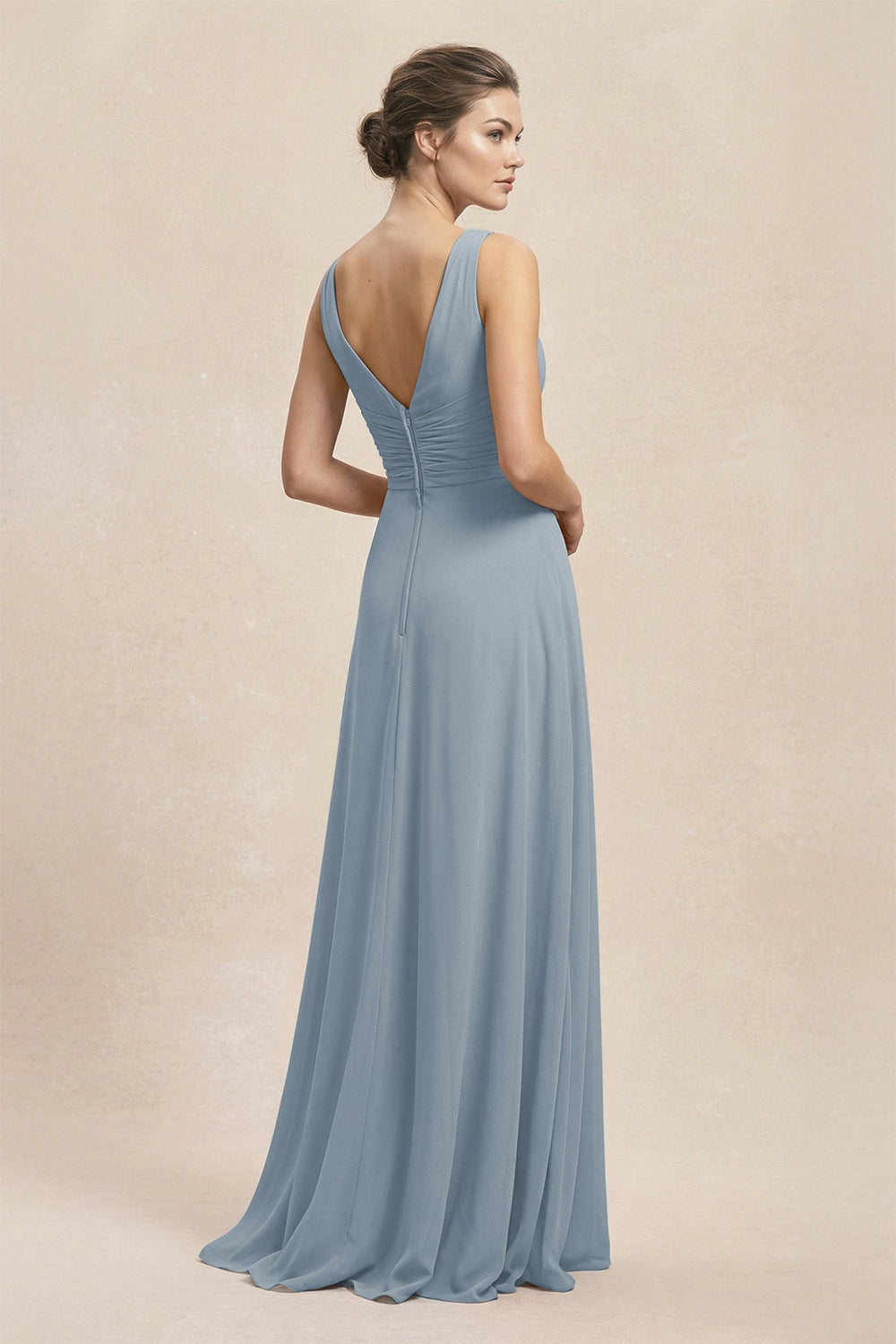 V-Neck Ruffled Ruched Chiffon A-Line Bridesmaid Dress in Dusty Blue