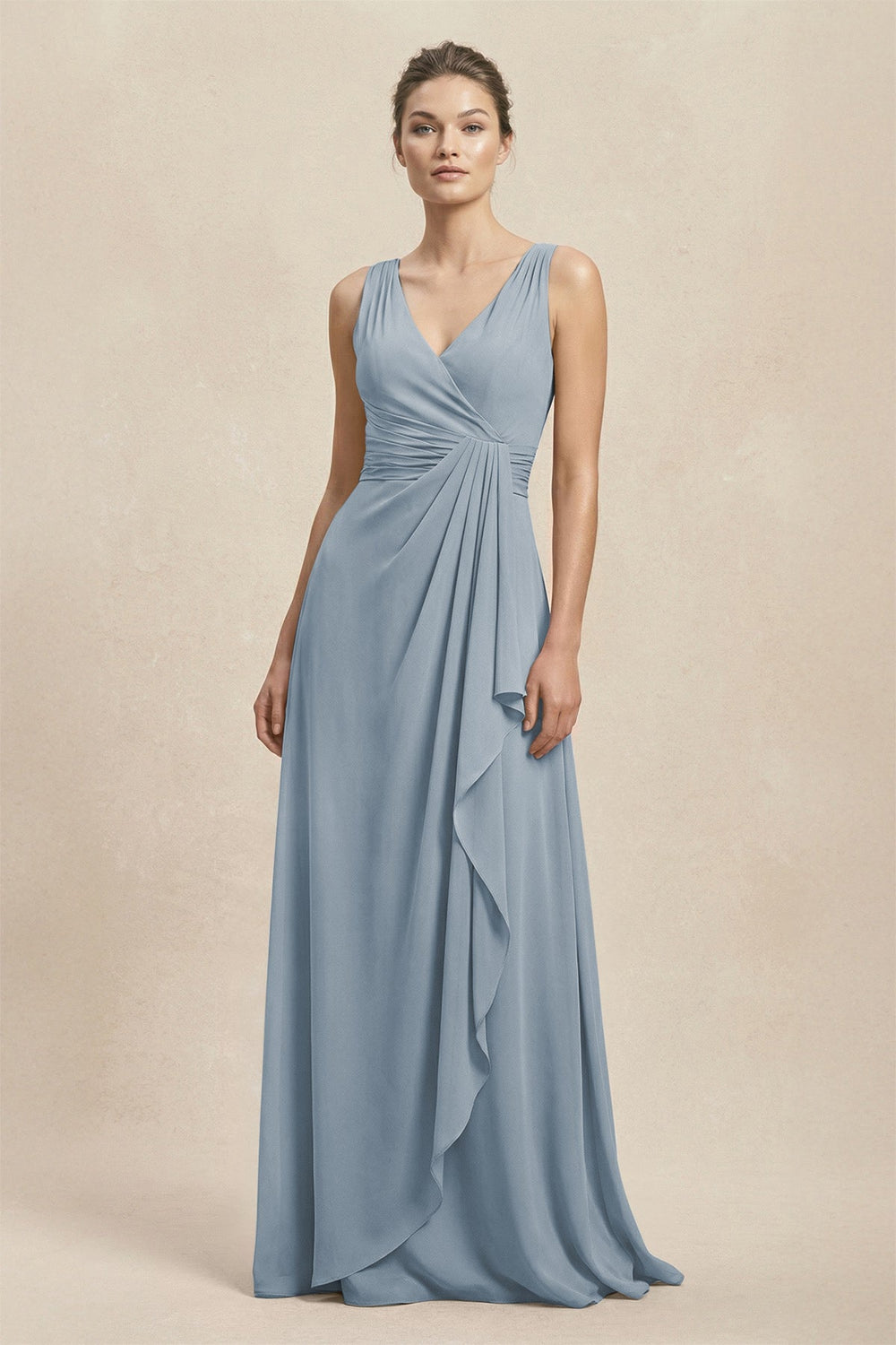 V-Neck Ruffled Ruched Chiffon A-Line Bridesmaid Dress in Dusty Blue