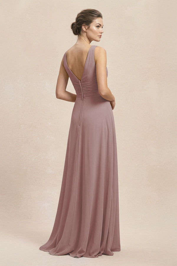 V-Neck Ruffled Ruched Chiffon A-Line Bridesmaid Dress in Dusty Rose (2) | KISSBRIDAL