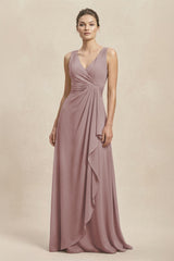 V-Neck Ruffled Ruched Chiffon A-Line Bridesmaid Dress in Dusty Rose | KISSBRIDAL