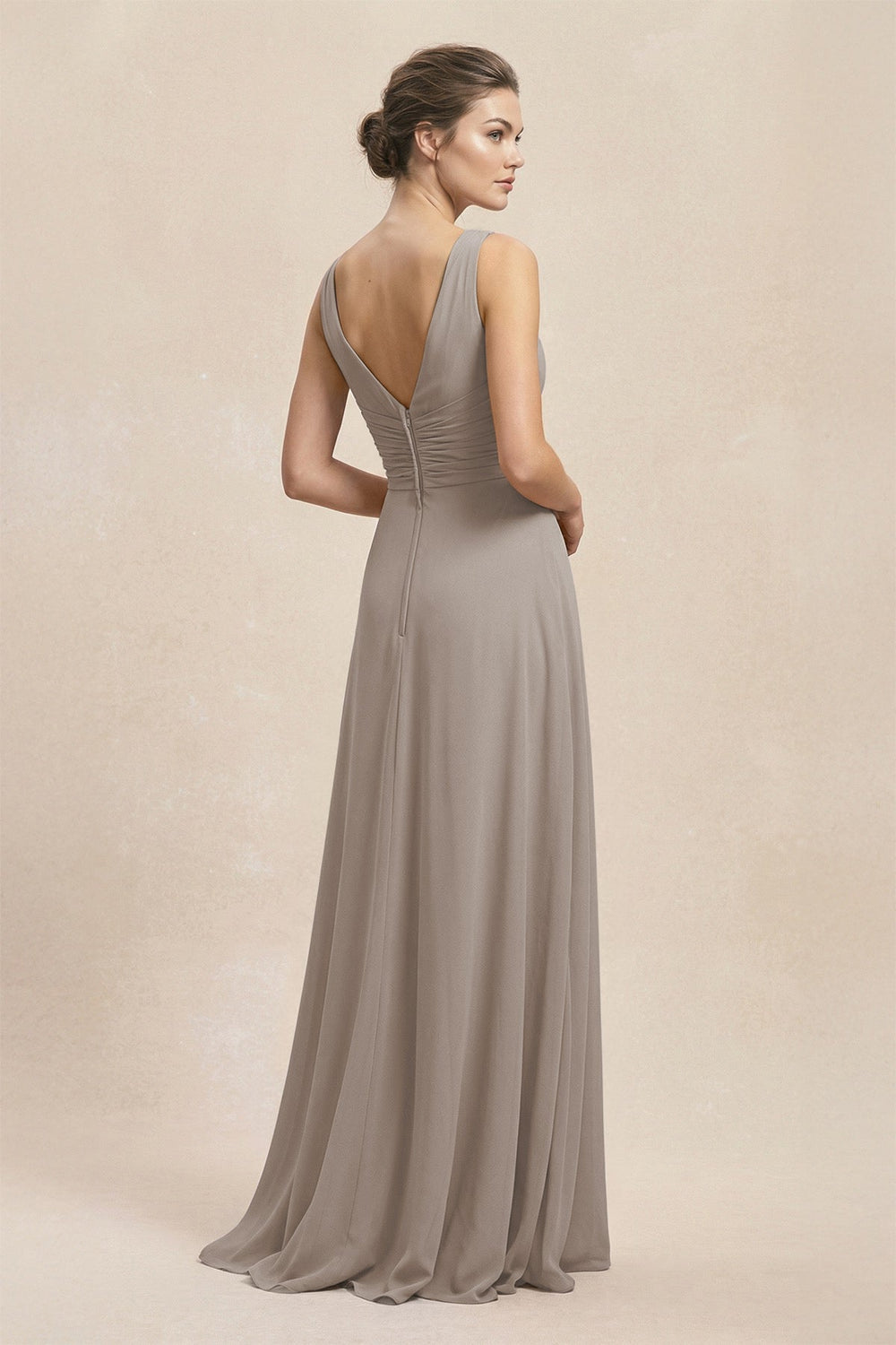 V-Neck Ruffled Ruched Chiffon A-Line Bridesmaid Dress in Frost