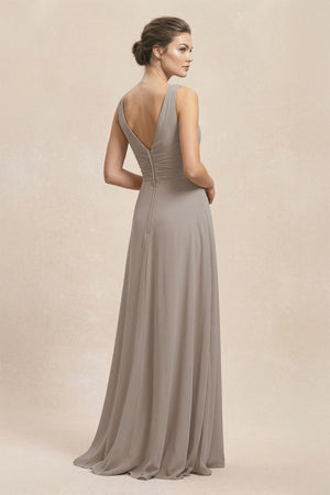 V-Neck Ruffled Ruched Chiffon A-Line Bridesmaid Dress in Frost (2) | KISSBRIDAL