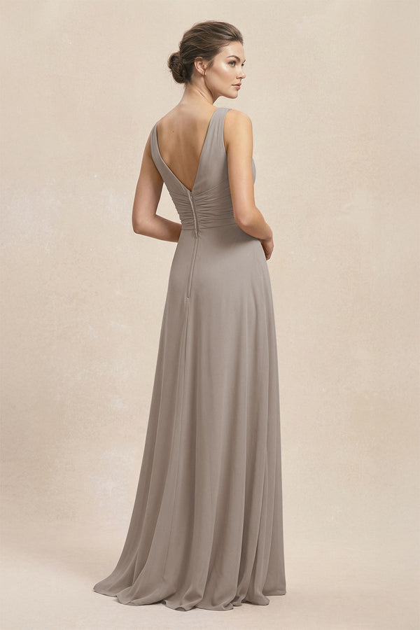V-Neck Ruffled Ruched Chiffon A-Line Bridesmaid Dress in Frost (2) | KISSBRIDAL