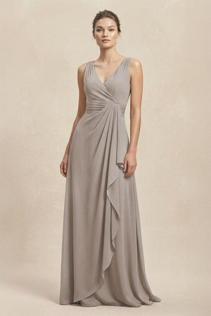 V-Neck Ruffled Ruched Chiffon A-Line Bridesmaid Dress in Frost | KISSBRIDAL