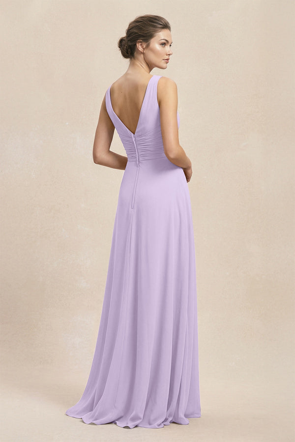 V - Neck Ruffled Ruched Chiffon A - Line Bridesmaid Dress in Lavender - KISS BRIDAL Bridesmaid Dresses