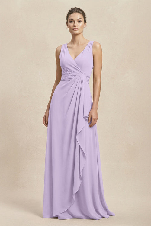 V - Neck Ruffled Ruched Chiffon A - Line Bridesmaid Dress in Lavender - KISS BRIDAL Bridesmaid Dresses