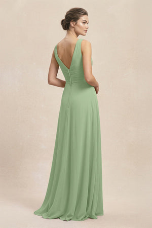 V-Neck Ruffled Ruched Chiffon A-Line Bridesmaid Dress in Matcha (2) | KISSBRIDAL