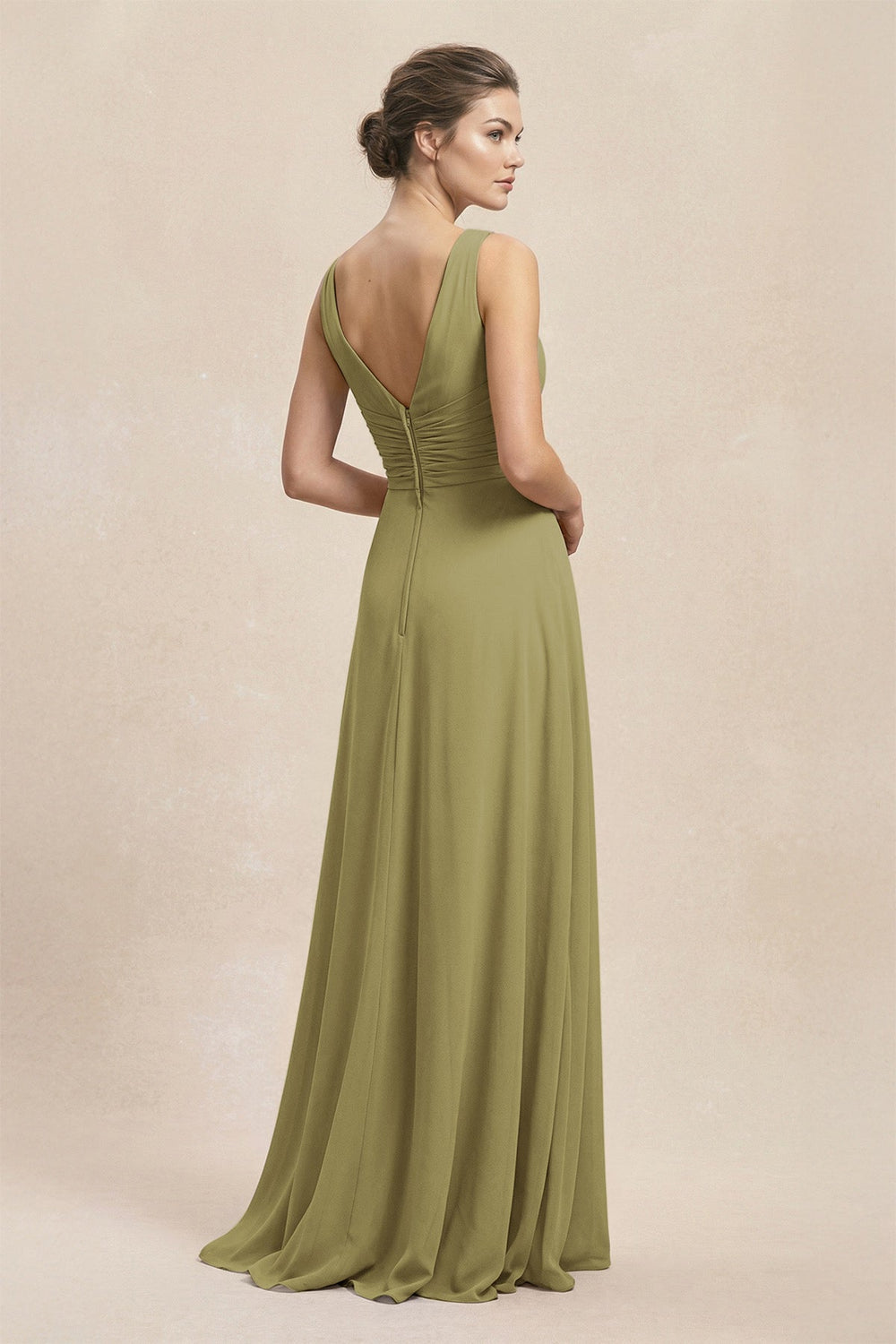 V-Neck Ruffled Ruched Chiffon A-Line Bridesmaid Dress in Moss Green