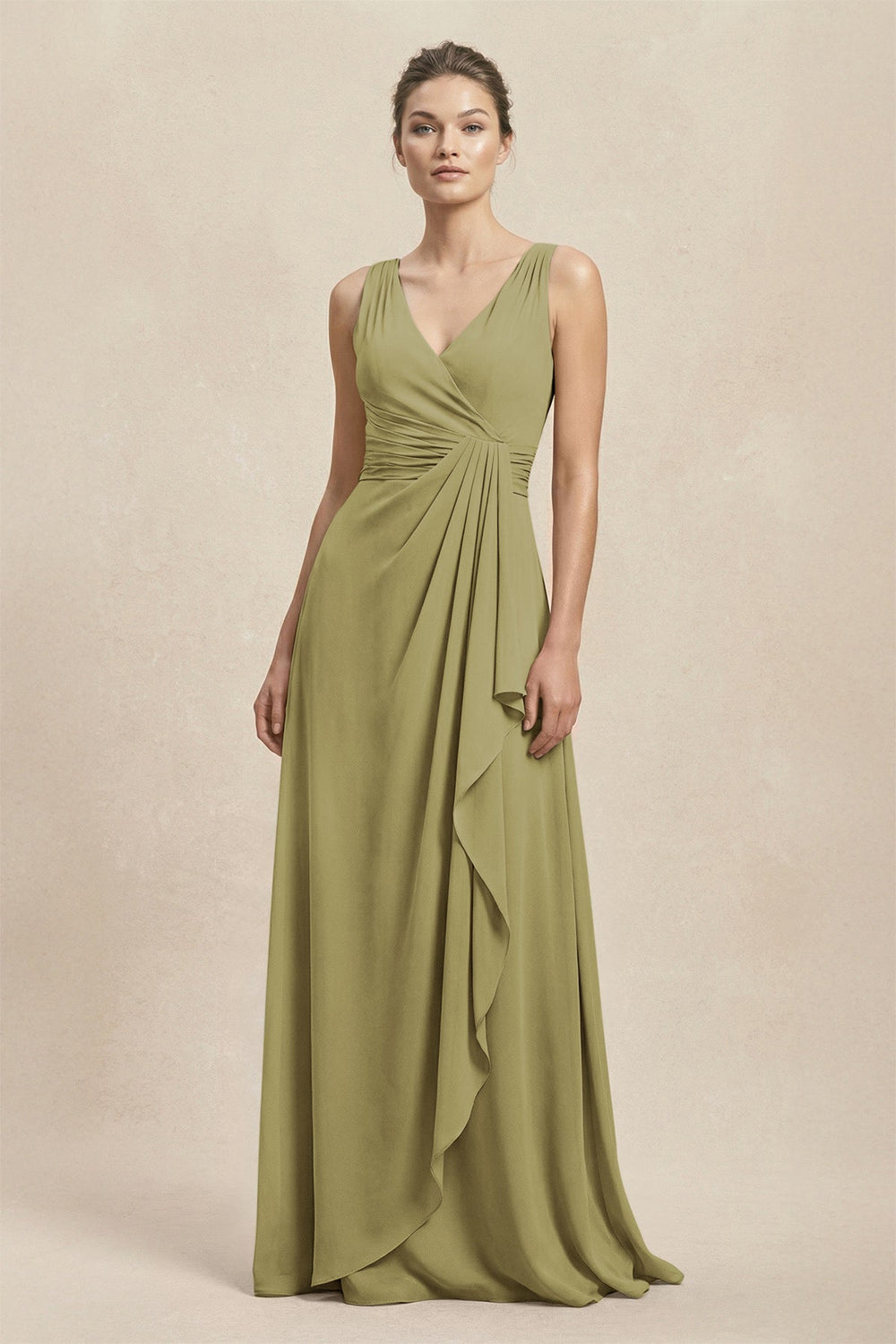 V-Neck Ruffled Ruched Chiffon A-Line Bridesmaid Dress in Moss Green