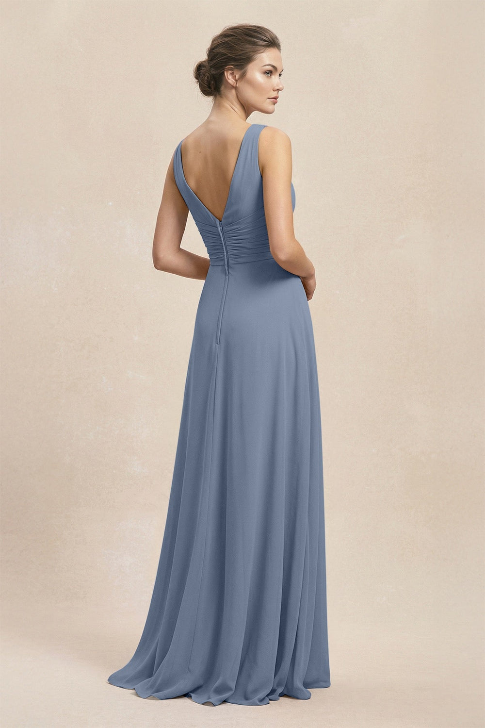 V-Neck Ruffled Ruched Chiffon A-Line Bridesmaid Dress in Neptune