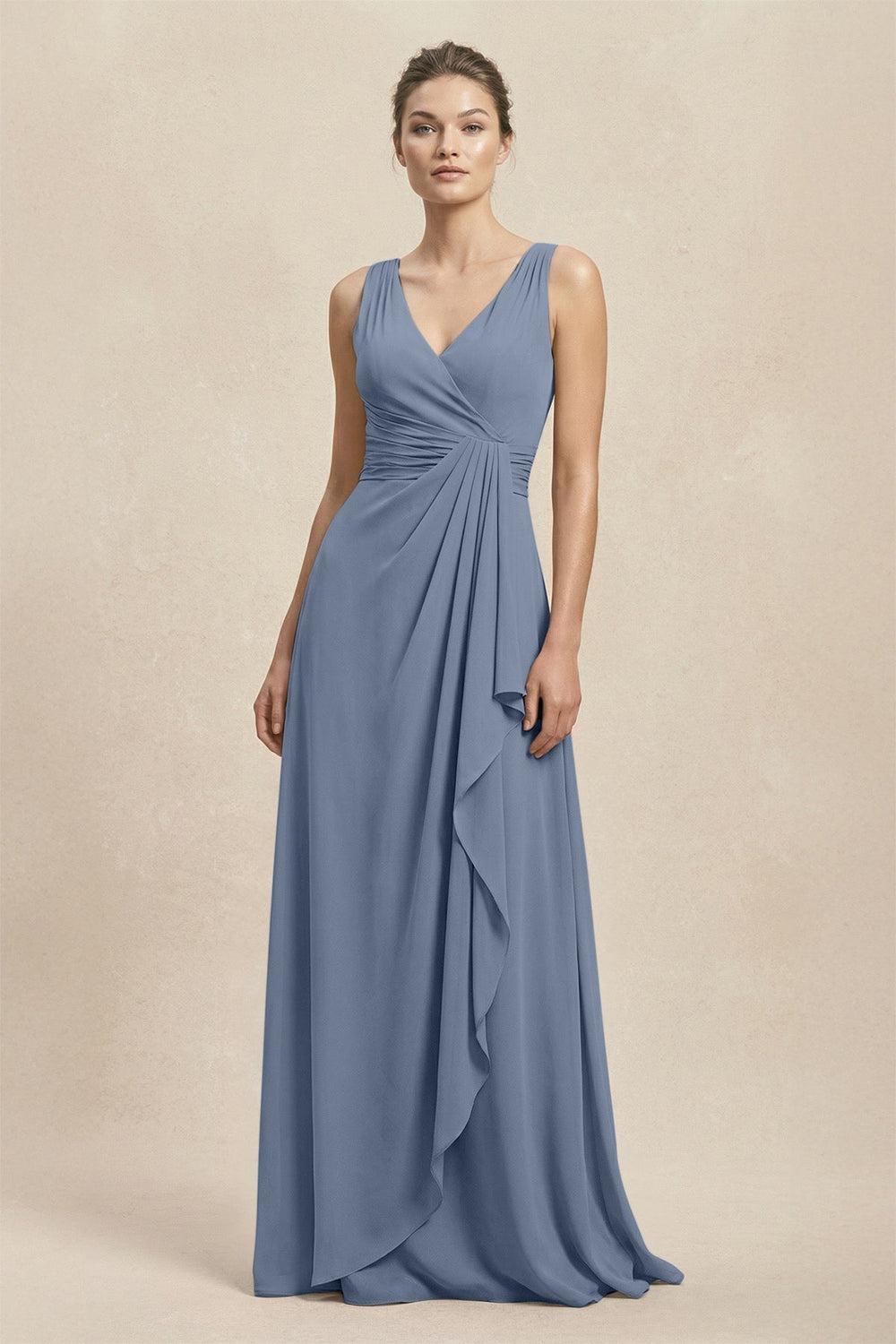 V-Neck Ruffled Ruched Chiffon A-Line Bridesmaid Dress in Neptune