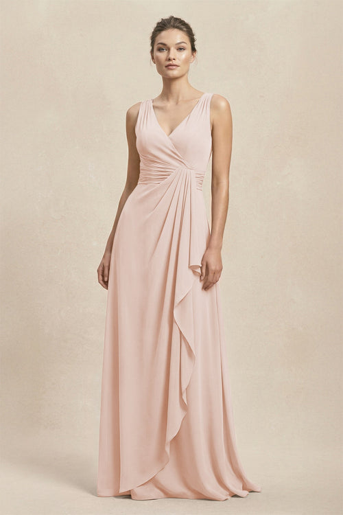 V - Neck Ruffled Ruched Chiffon A - Line Bridesmaid Dress in Pale Blush - KISS BRIDAL Bridesmaid Dresses