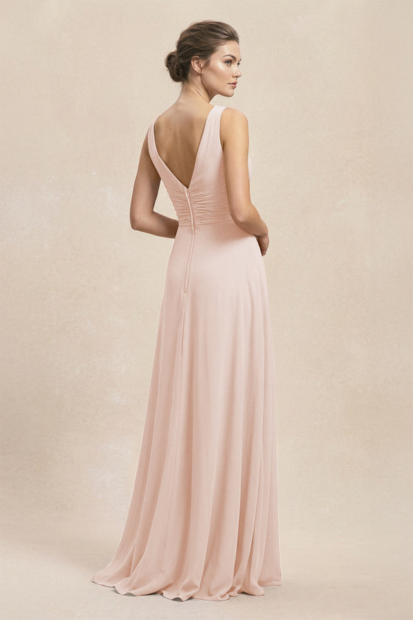 V - Neck Ruffled Ruched Chiffon A - Line Bridesmaid Dress in Pale Blush - KISS BRIDAL Bridesmaid Dresses