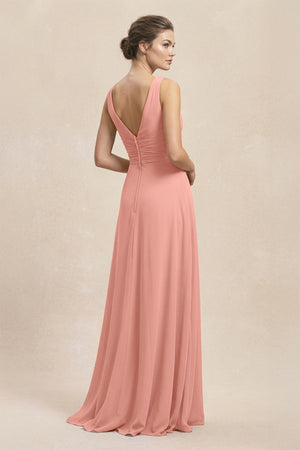 V-Neck Ruffled Ruched Chiffon A-Line Bridesmaid Dress in Rosette (2) | KISSBRIDAL