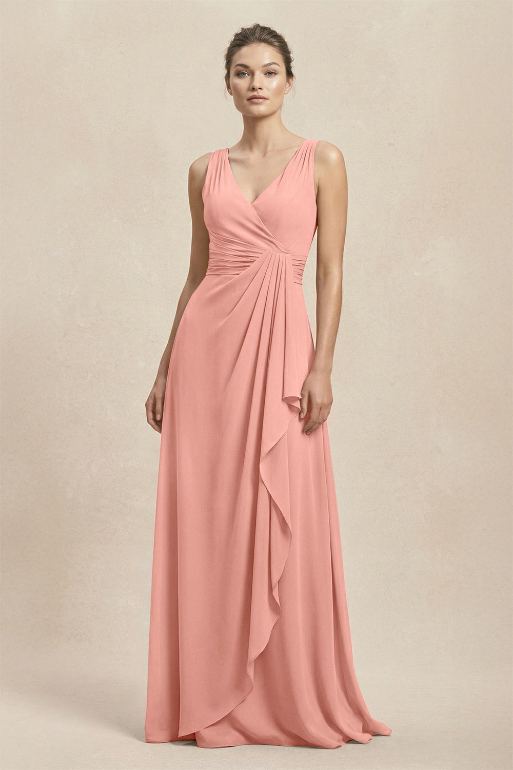 V-Neck Ruffled Ruched Chiffon A-Line Bridesmaid Dress in Rosette