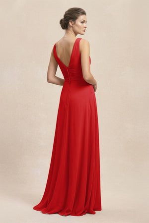 V - Neck Ruffled Ruched Chiffon A - Line Bridesmaid Dress in Ruby Red - KISS BRIDAL Bridesmaid Dresses