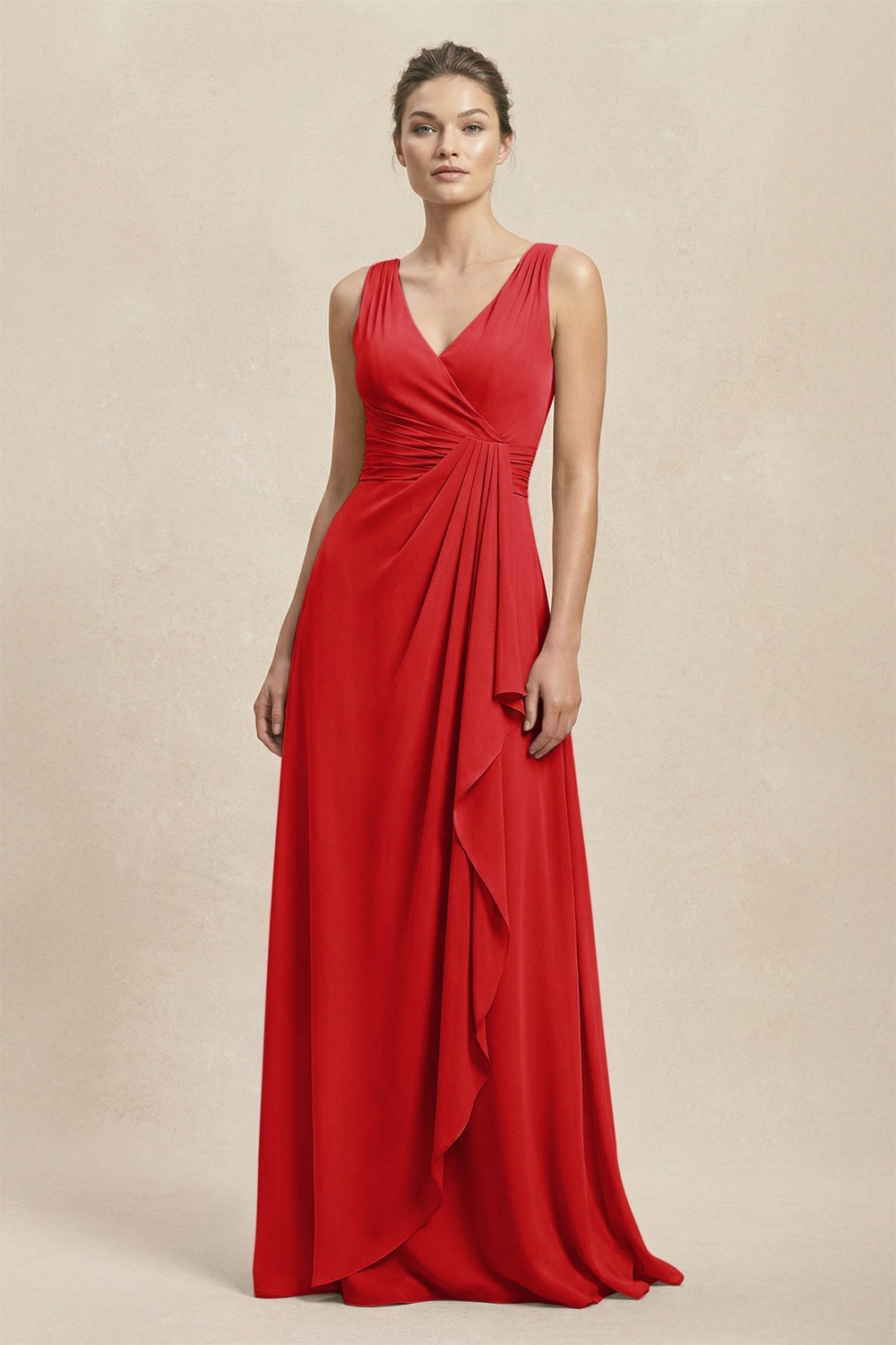 V-Neck Ruffled Ruched Chiffon A-Line Bridesmaid Dress in Ruby Red