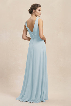V-Neck Ruffled Ruched Chiffon A-Line Bridesmaid Dress in Sky Blue (2) | KISSBRIDAL