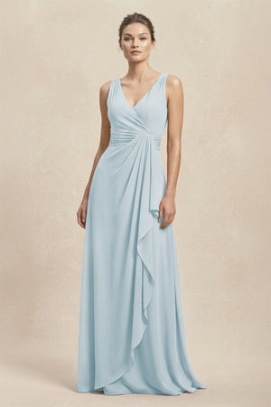 V-Neck Ruffled Ruched Chiffon A-Line Bridesmaid Dress in Sky Blue | KISSBRIDAL