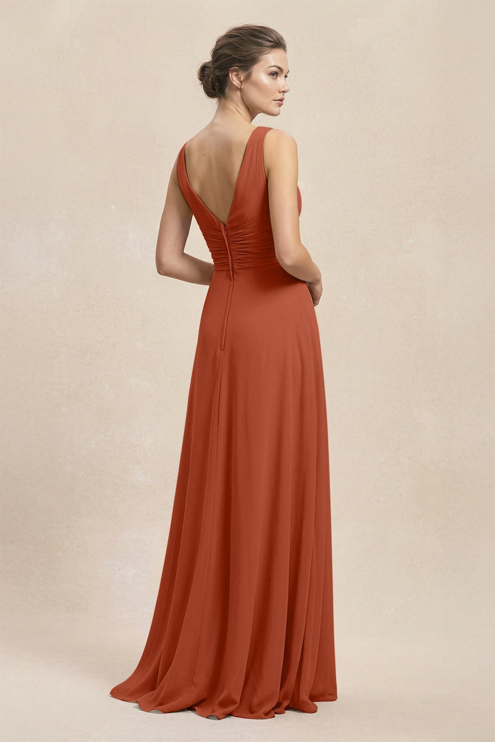 V-Neck Ruffled Ruched Chiffon A-Line Bridesmaid Dress in Spice