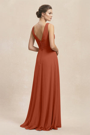 V - Neck Ruffled Ruched Chiffon A - Line Bridesmaid Dress in Spice - KISS BRIDAL Bridesmaid Dresses