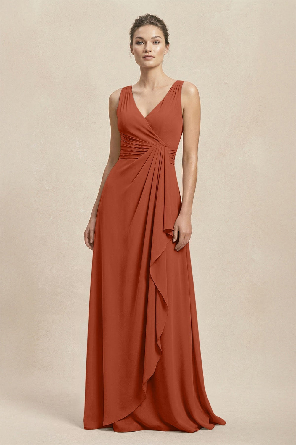 V-Neck Ruffled Ruched Chiffon A-Line Bridesmaid Dress in Spice