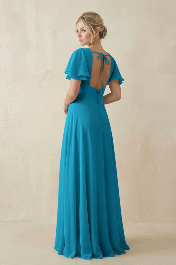 V - Neck Ruffled Short Sleeves A - Line Bridesmaid Dress in Blue Jay - KISS BRIDAL Bridesmaid Dresses