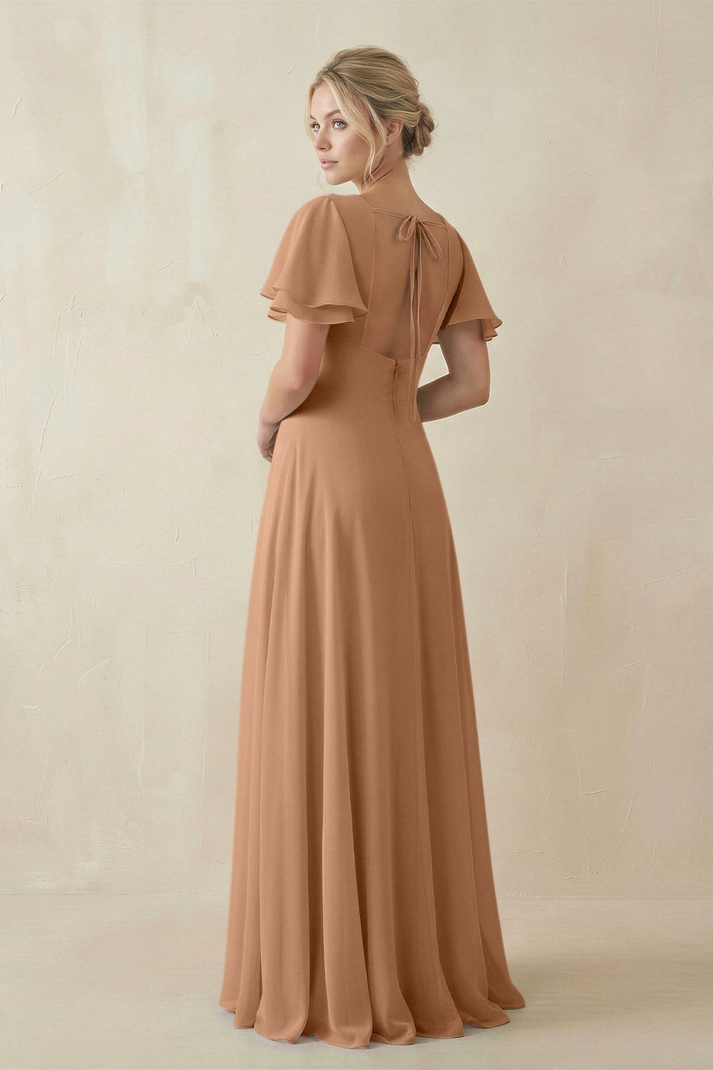 V-Neck Ruffled Short Sleeves A-Line Bridesmaid Dress in Bronzer