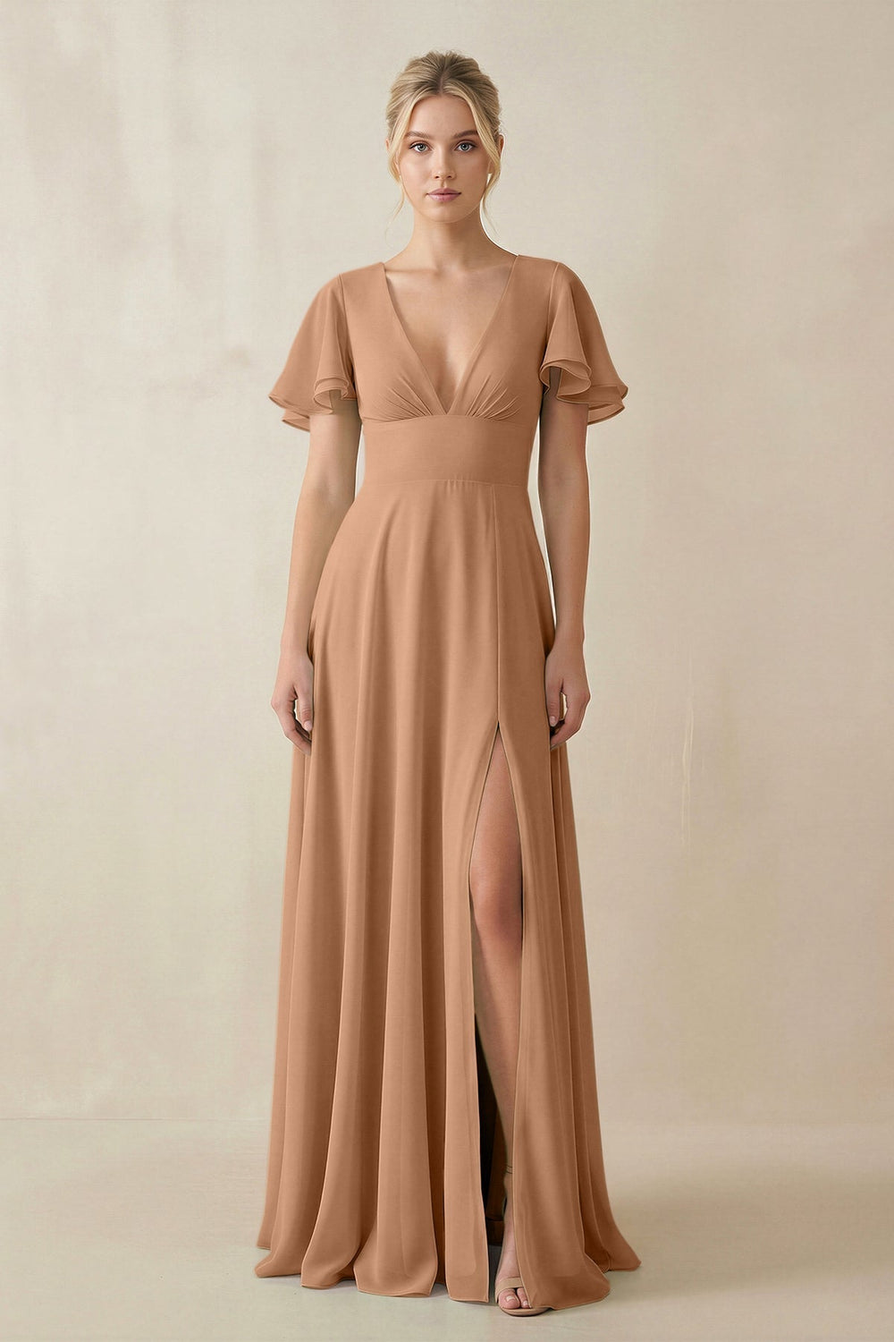 V-Neck Ruffled Short Sleeves A-Line Bridesmaid Dress in Bronzer