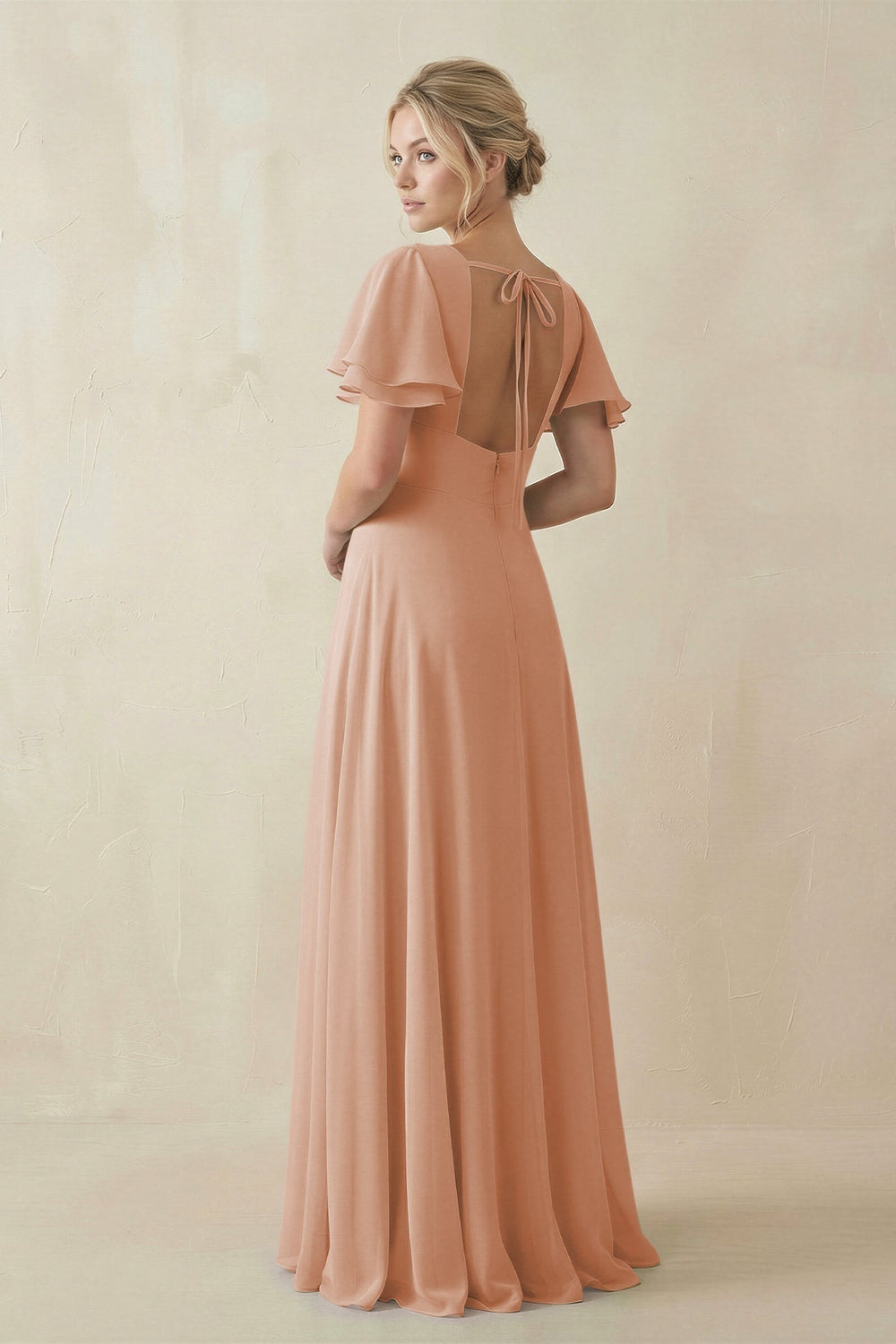 V-Neck Ruffled Short Sleeves A-Line Bridesmaid Dress in Champagne Rose
