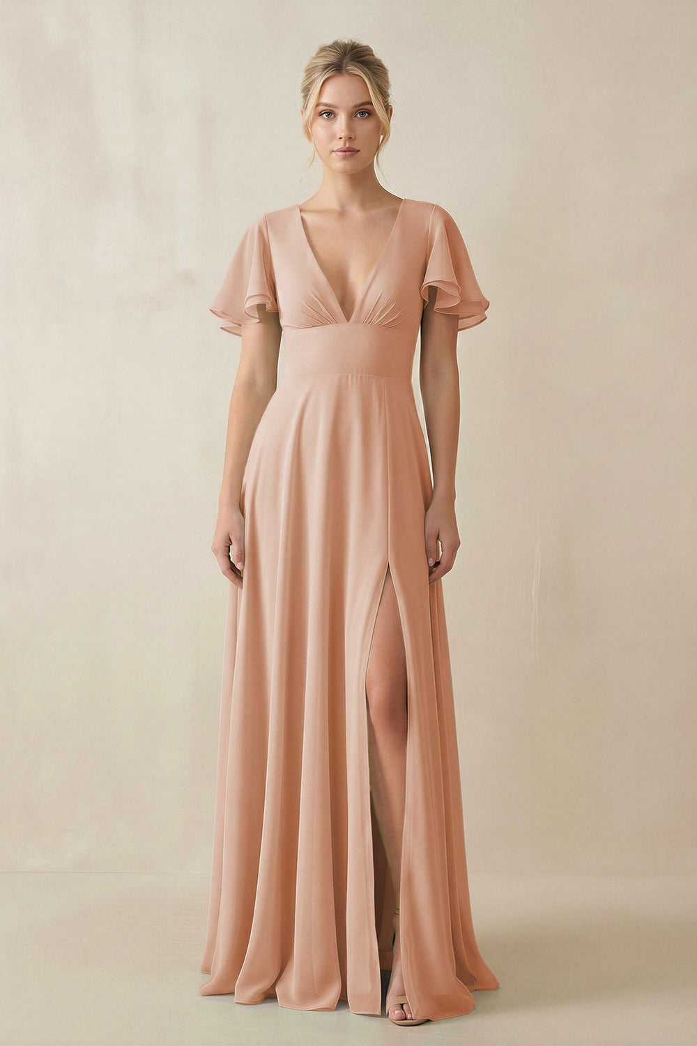 V-Neck Ruffled Short Sleeves A-Line Bridesmaid Dress in Champagne Rose