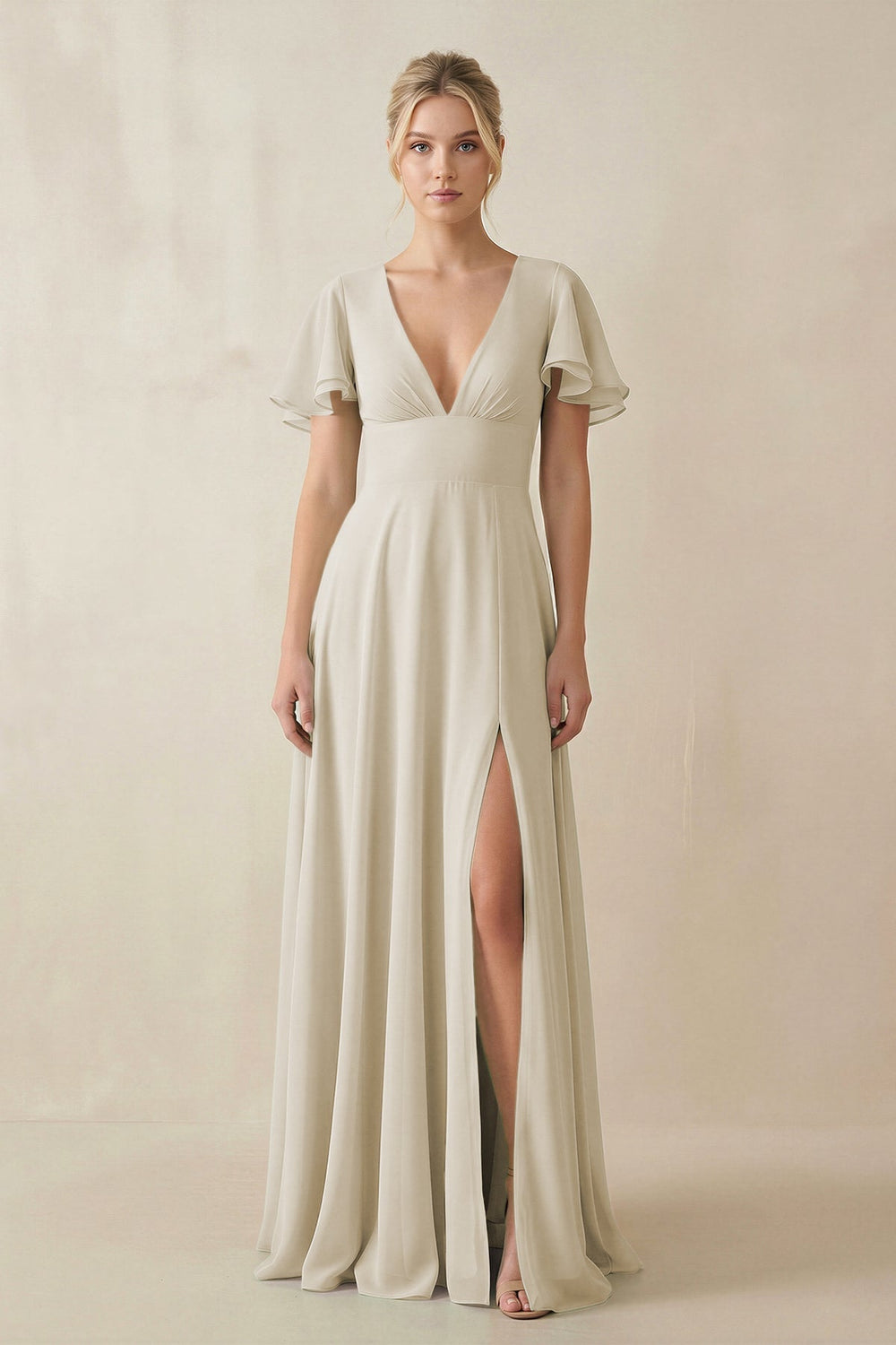 V-Neck Ruffled Short Sleeves A-Line Bridesmaid Dress in Dove Gray