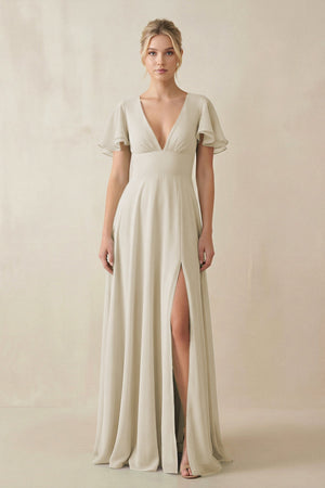 V - Neck Ruffled Short Sleeves A - Line Bridesmaid Dress in Dove Gray - KISS BRIDAL Bridesmaid Dresses