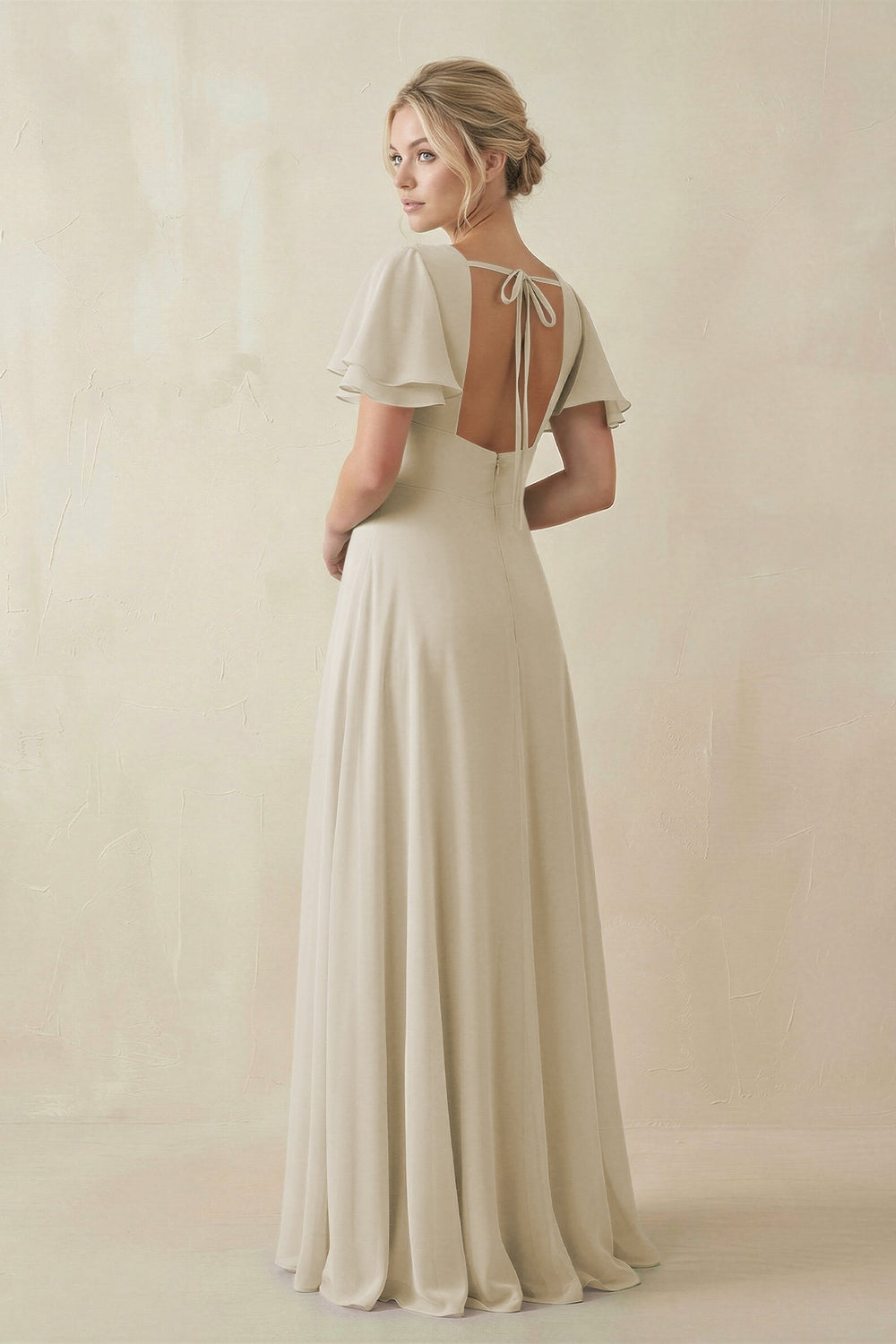 V-Neck Ruffled Short Sleeves A-Line Bridesmaid Dress in Dove Gray
