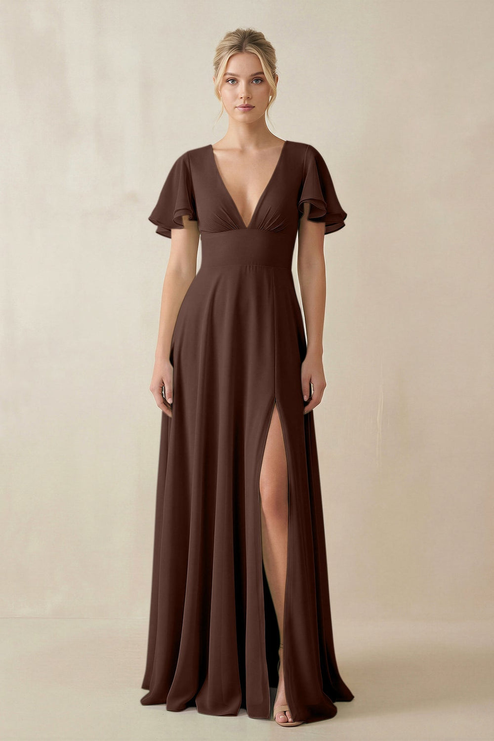 V-Neck Ruffled Short Sleeves A-Line Bridesmaid Dress in Espresso