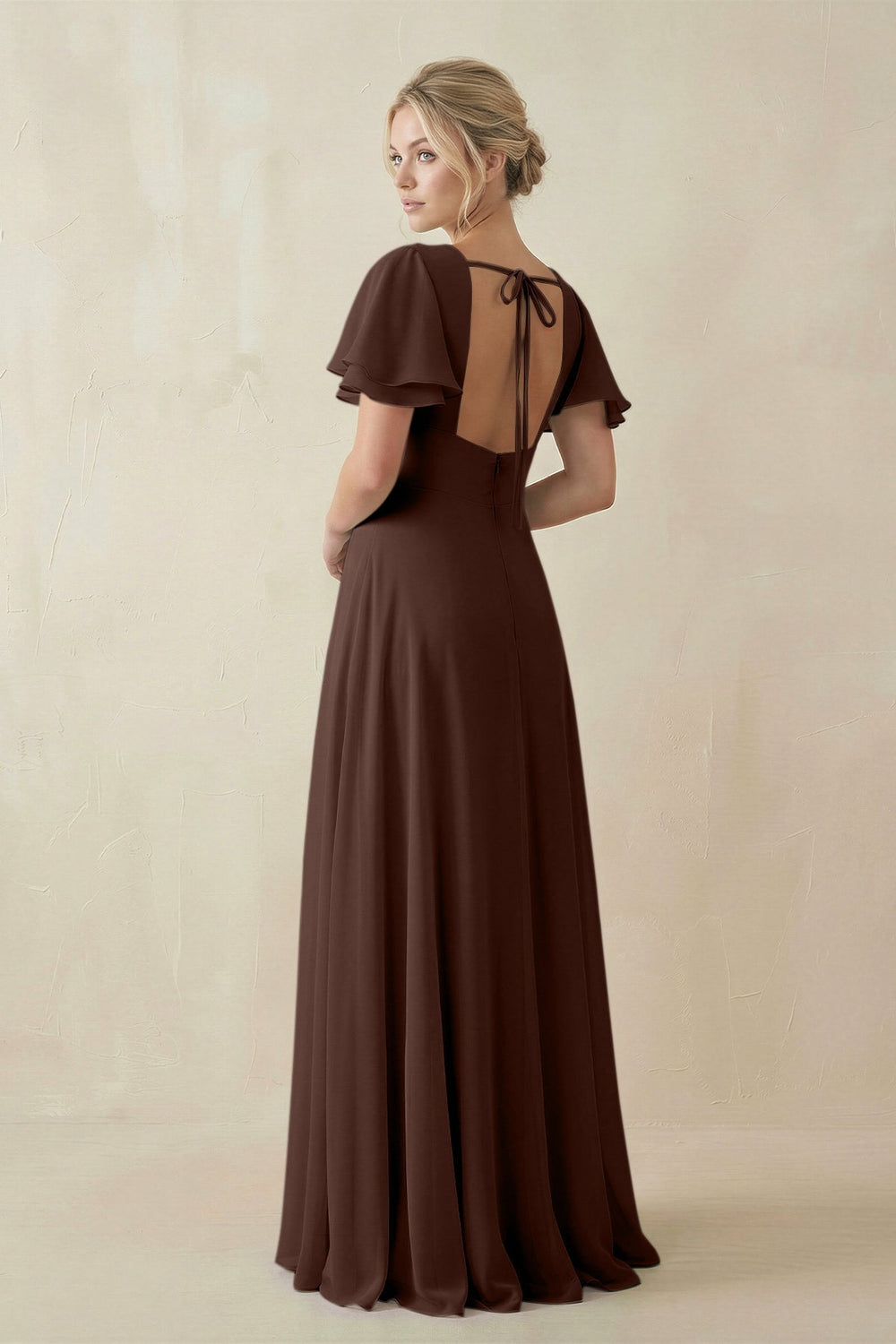V-Neck Ruffled Short Sleeves A-Line Bridesmaid Dress in Espresso