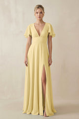 V - Neck Ruffled Short Sleeves A - Line Bridesmaid Dress in Pastel Yellow - KISS BRIDAL Bridesmaid Dresses