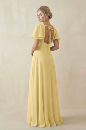 V - Neck Ruffled Short Sleeves A - Line Bridesmaid Dress in Pastel Yellow - KISS BRIDAL Bridesmaid Dresses