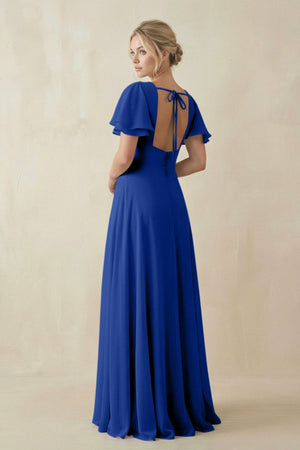 V - Neck Ruffled Short Sleeves A - Line Bridesmaid Dress in Royal Blue - KISS BRIDAL Bridesmaid Dresses