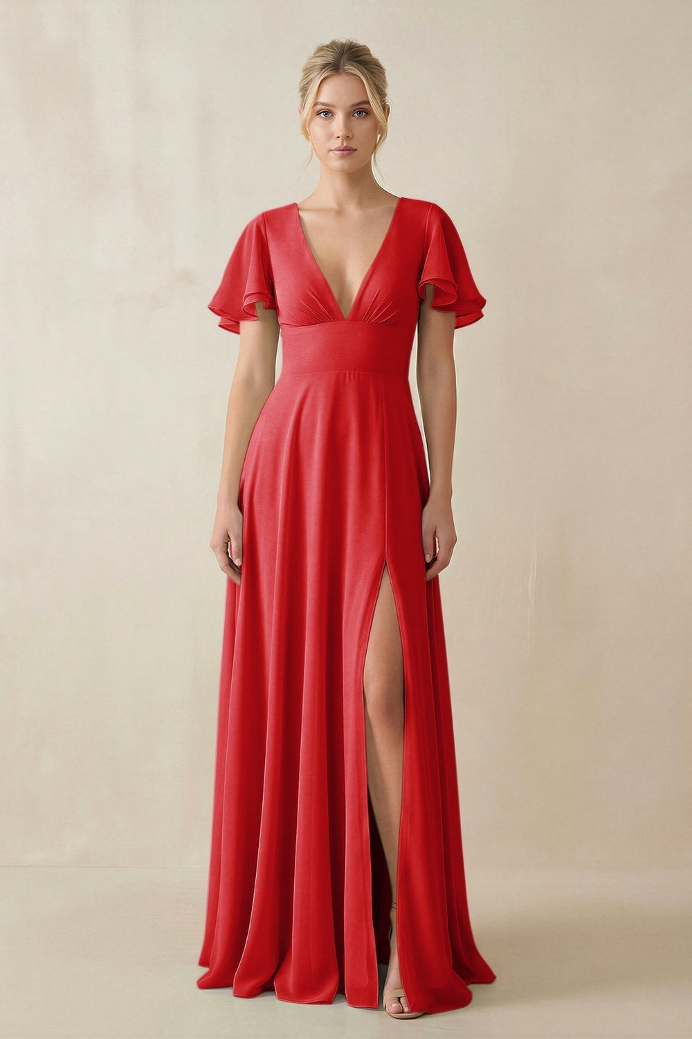 V-Neck Ruffled Short Sleeves A-Line Bridesmaid Dress in Ruby Red